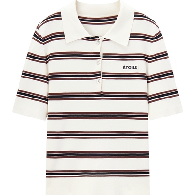 爱居兔polo领条纹针织衫T恤女2025年秋季新款学院风减龄短袖上衣