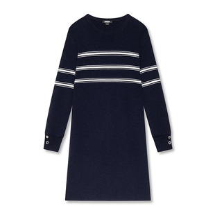 DKNY唐可娜儿秋季灯笼袖条纹通勤风优雅百搭针织连衣裙女士设计感