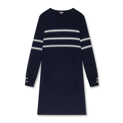 DKNY唐可娜儿2025秋季新款灯笼袖条纹通勤优雅百搭针织连衣裙女