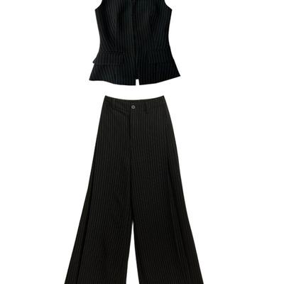 CIZZLEMORE 新闻女王凉感条纹马甲捏褶宽松半松紧腰头阔腿裤套装