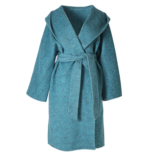 竹依依高端孔雀蓝色连帽双面羊绒大衣女长款2025冬新款羊毛呢外套