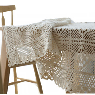 ins北欧美式乡村针织白色钩针桌布镂空麻棉桌布茶几餐桌台布盖巾