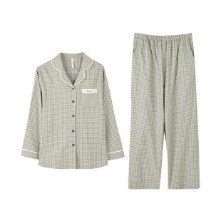安之伴【巨柔软】睡衣女款春秋季梭织纯棉宽松大码格子套装家居服