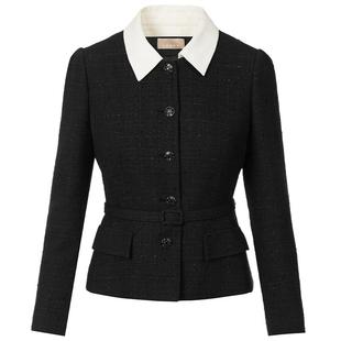 LANCY/朗姿2024秋新款气质高级感小香风短外套撞色翻领收腰上衣女