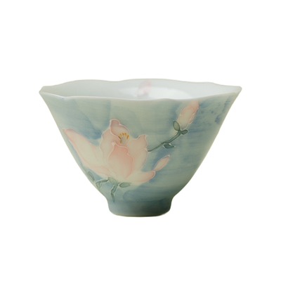 里作纯手绘雾漫玉兰芙瓣花茶杯陶瓷花口主人杯高足品茗杯单杯茶具