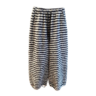 大码300斤高级感条纹羊羔毛裤子男女春秋宽松双面绒阔腿裤直筒裤