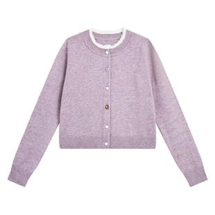 紫涵花边圆领紫色毛衣开衫女秋季新款文艺简约百搭宽松显瘦针织衫