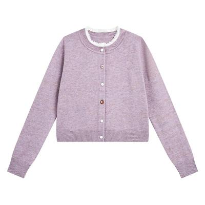 紫涵花边圆领紫色毛衣开衫女秋季新款文艺简约百搭宽松显瘦针织衫