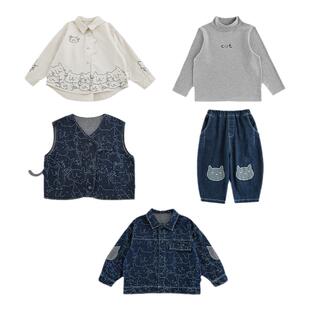 幼悠男童2026新款夹克牛仔外套无袖马甲宽松直筒长裤猫咪系列套装