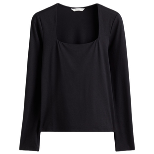 HM女装T恤春季复古休闲方领显瘦法式打底衫酒红色长袖上衣1089811