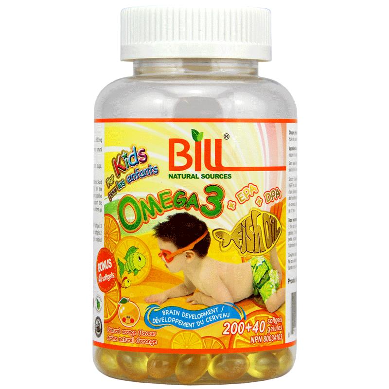 BILL北美儿童橙味鱼油软胶囊 Omega-3鱼油 DHA EPA宝宝营养品