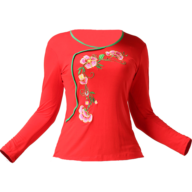 广场舞蹈服装女健身跳舞衣服新款春夏莫代尔绣花长袖练习表演上衣