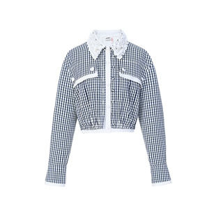 lefame拉飞姆2026春季重工钉珠假两件蓝白格子衬衫外套