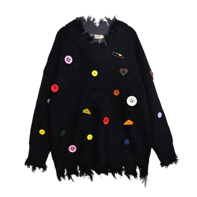 杨二大梦原创v领彩色扣子撕破毛衣女款2025新款冬季可外穿内搭