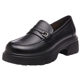 红蜻蜓官方正品厚底真皮乐福鞋女鞋小皮鞋英伦头层牛皮粗跟黑色软