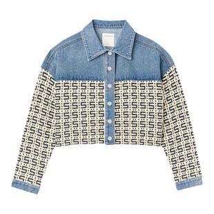 SANDRO Outlets秋冬女装复古丹宁提花拼接牛仔翻领短款长袖外套