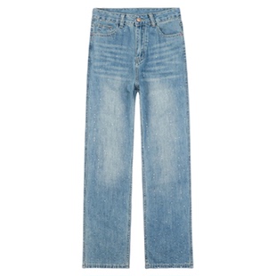 复古蓝满天星带烫钻亮闪闪窄版直筒牛仔裤女2026新款高腰垂感裤子