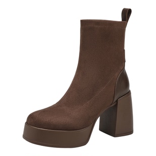 MILLIE'S/妙丽新款绒面粗跟加绒保暖短靴时装鞋后拉链高跟弹力靴