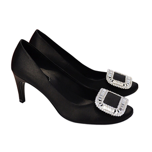 R圆头V细高跟鞋2025新款女鞋春季方扣单鞋婚鞋浅口中跟三十而已