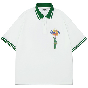 GUUKA红色polo衫短袖男重磅T恤夏季纯棉情侣美式复古拼接上衣宽松