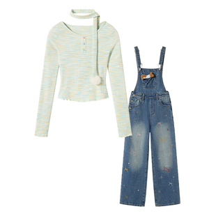织物猪 牛仔很忙 蓝色牛仔背带裤套装女小个子可爱甜妹直筒长裤子