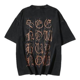 欧美夏季VTM维特萌新款梵文字体设计洗水做旧男女宽松短袖T恤情侣