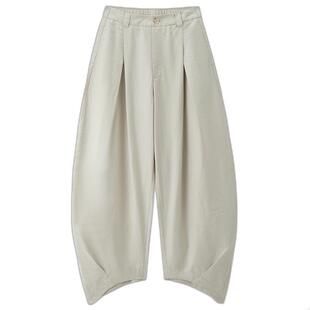 设计师款佐丹奴裤子女夏收褶弯刀裤半松紧腰休闲阔腿裤女18415517