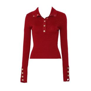 DPLAY秋季新款法式红色翻领修身显瘦毛衣针织衫上衣长袖女