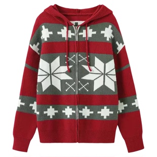 一枝南南同款复古红色毛衣外套女秋冬费尔岛宽松慵懒连帽针织开衫