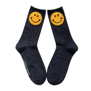 韩国秋冬季不对称笑脸银葱堆堆袜日系学院风纯棉金银丝中筒袜子女