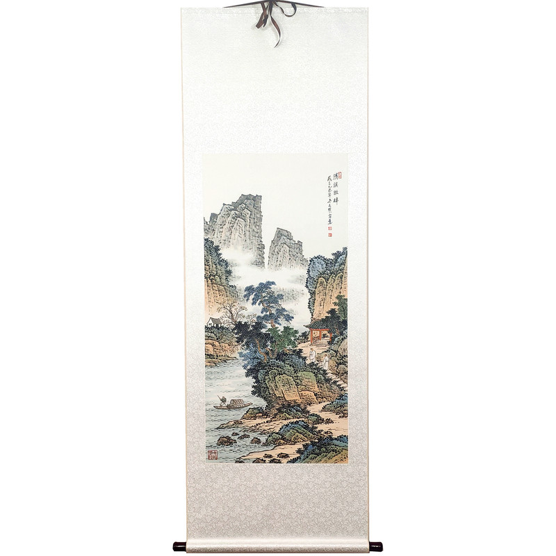 手绘国画山水新中式客厅卷轴挂画