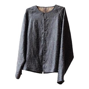 知笔墨非遗传承手工整染龟裂纹香云纱上衣 黑色复古圆领衬衫外套