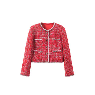 tingtings 红色编织粗花呢小香风外套女春季新款气质短款羊毛上衣