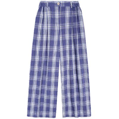 今屿花花格子阔腿裤女高腰