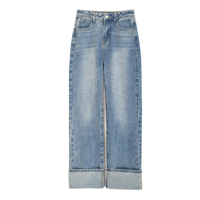APPENDAGE新款宽松休闲宽翻边高腰拖地显瘦直筒阔腿水洗蓝牛仔裤