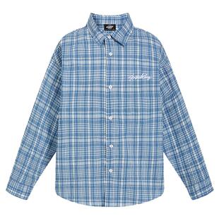 404MOB蓝色褶皱刺绣复古格纹长袖衬衫男薄款ins简约宽松潮流衬衣