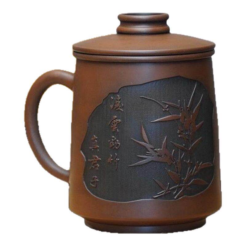 带盖阳刻云南建水茶杯紫陶