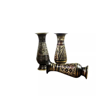 印度风尚 进口黄铜彩釉花瓶手工雕刻图案时尚工艺品桌面复古摆件