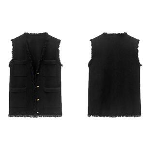 dfvc黑色法式小香风马甲女2026春季新款毛边V领宽松无袖短款外套