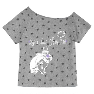 innomoood rabbit birthday印花小兔星星满印斜肩短袖T恤设计夏女