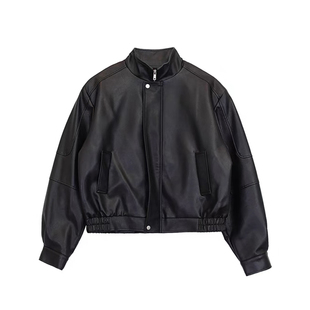 秋冬短款痞帅高级感黑色皮衣外套男宽松立领垫肩加棉机车PU皮夹克