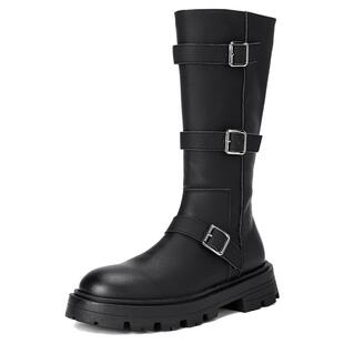 西村名物微瑕长筒靴女鞋冬季欧美时尚侧拉链圆头高跟粗跟鞋46201