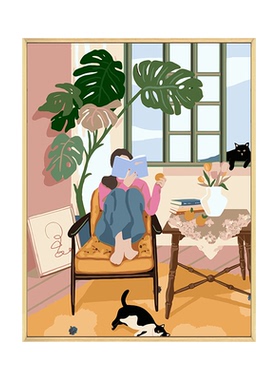 少女和猫diy数字油画装饰画