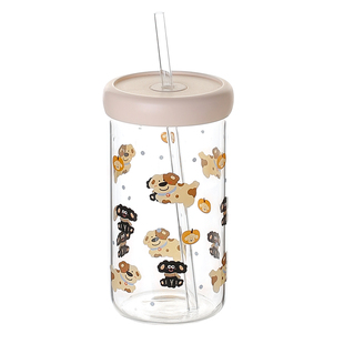 川岛屋高硼硅玻璃水杯子2026新款女高颜值可爱吸管杯果茶杯果汁杯