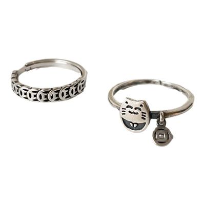 银奥女925纯银招财猫铜钱戒指