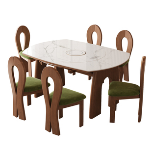 新款实木岩板餐桌中古奶油风吃饭桌子家用小户型伸缩折叠可变圆桌