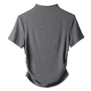 黑色短款半高领短袖t恤女夏2026新款针织正肩修身小个子露脐上衣