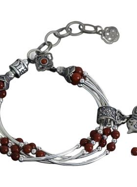 925银南红玛瑙圆珠手链女多层复古葫芦四叶草如意新中式手环饰品