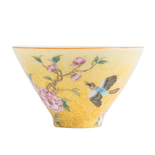 珐琅彩茶杯套装陶瓷品茗杯6个装主人杯家用 粉彩功夫斗笠杯小茶盏