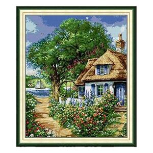 风景路边小屋河边花园别墅十字绣